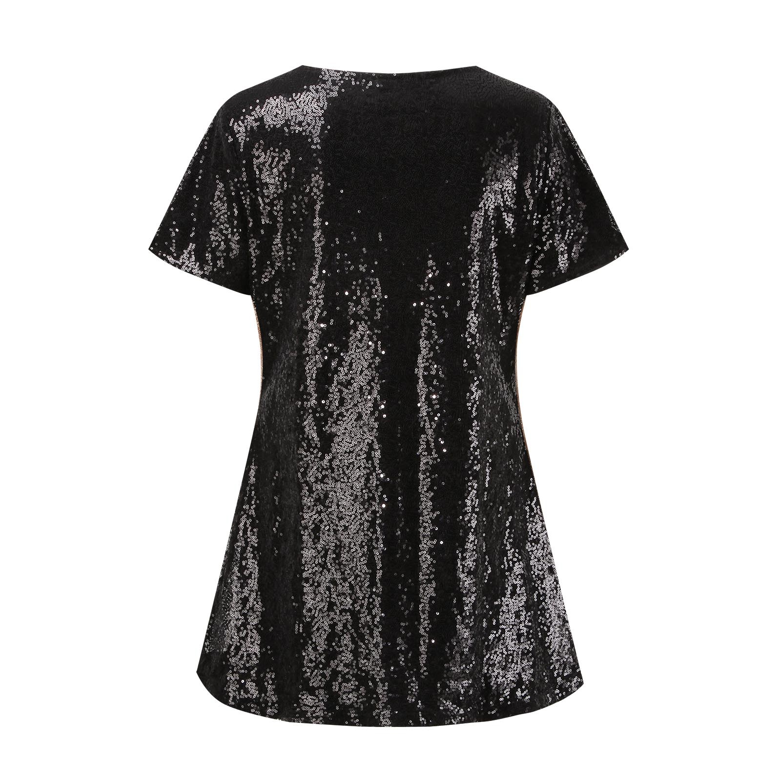thumbnail image 5 of Vestido mini de manga corta con lentejuelas para mujer: vestido de fiesta brillante con purpurina, poliéster, cuello redondo, dobladillo con volantes, corte holgado, 5 of 6